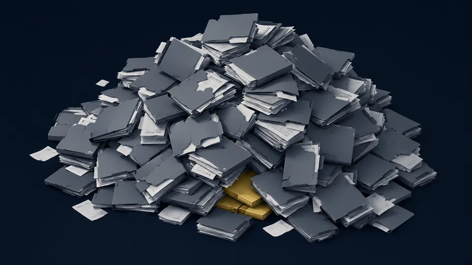 A large disordered pile of gray project folders with a single gold folder barely visible underneath.