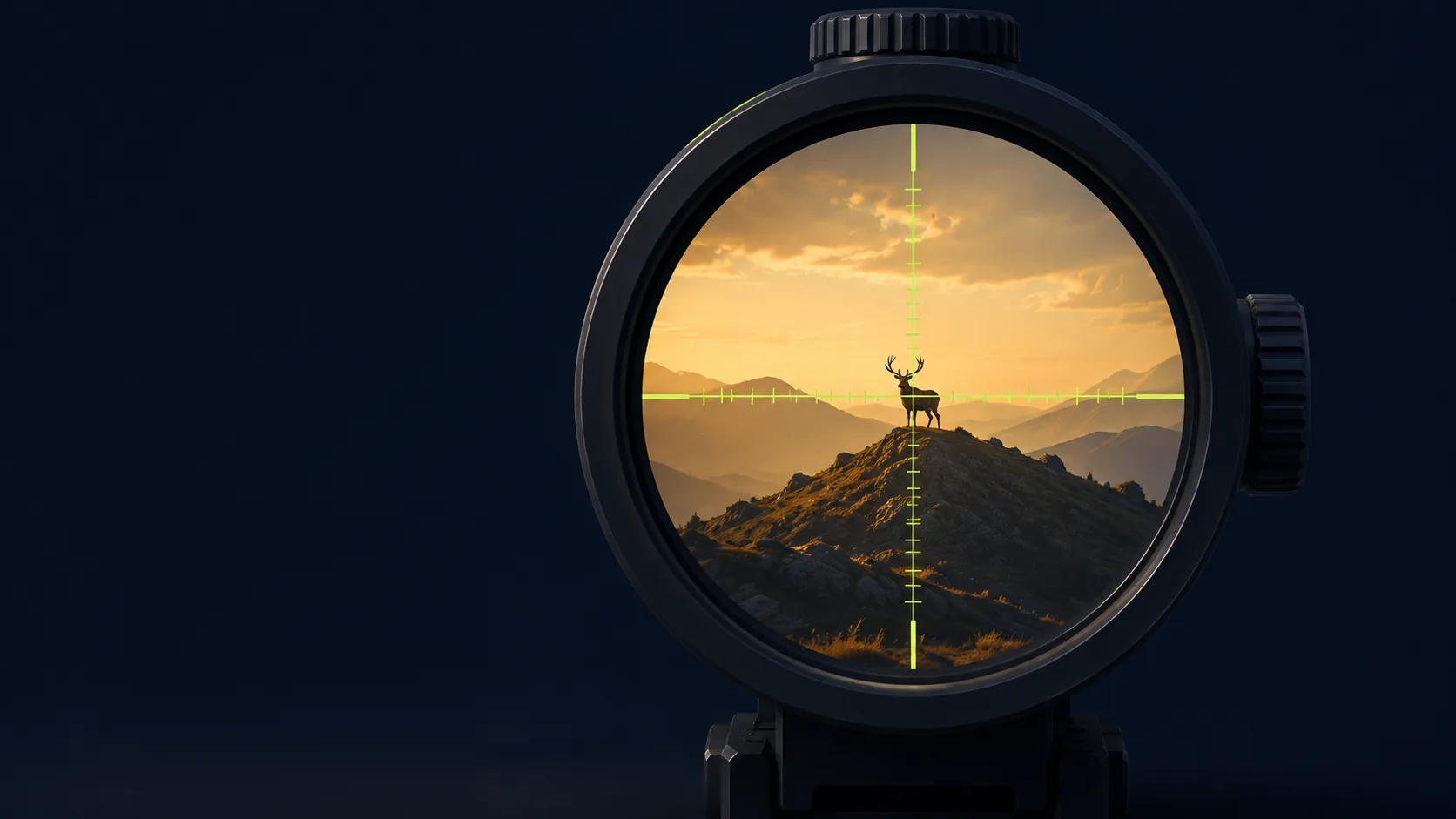 A rifle scope trained on a distant buck standing on a ridge at sunrise, the rest of the view empty.