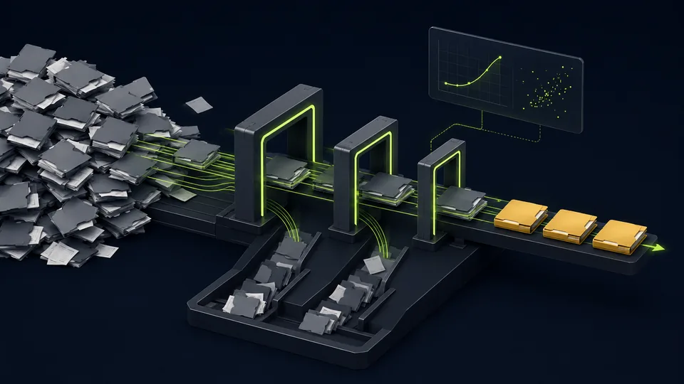 The same folders moving along a conveyor through three scanning gates, with mismatched folders diverted into side chutes and gold folders continuing out the far end.