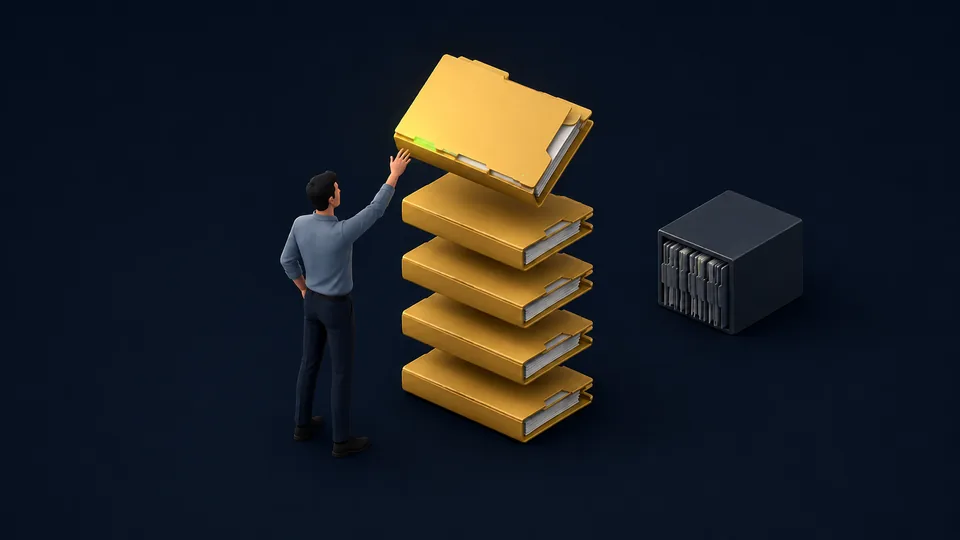 An estimator reaching for the top folder of a neat, ordered stack of gold folders, with the rest archived in a box to one side.